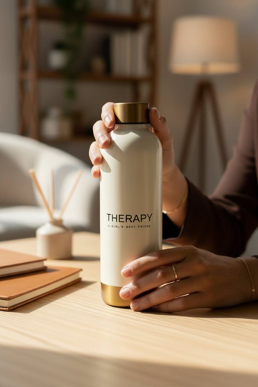 Therapy: A Girl’s Best Friend – Water Bottle (Cream & Gold)